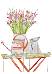 Watercolour of Enamel Jug, Watering Can, Antique Tray Table with Wild Flowers