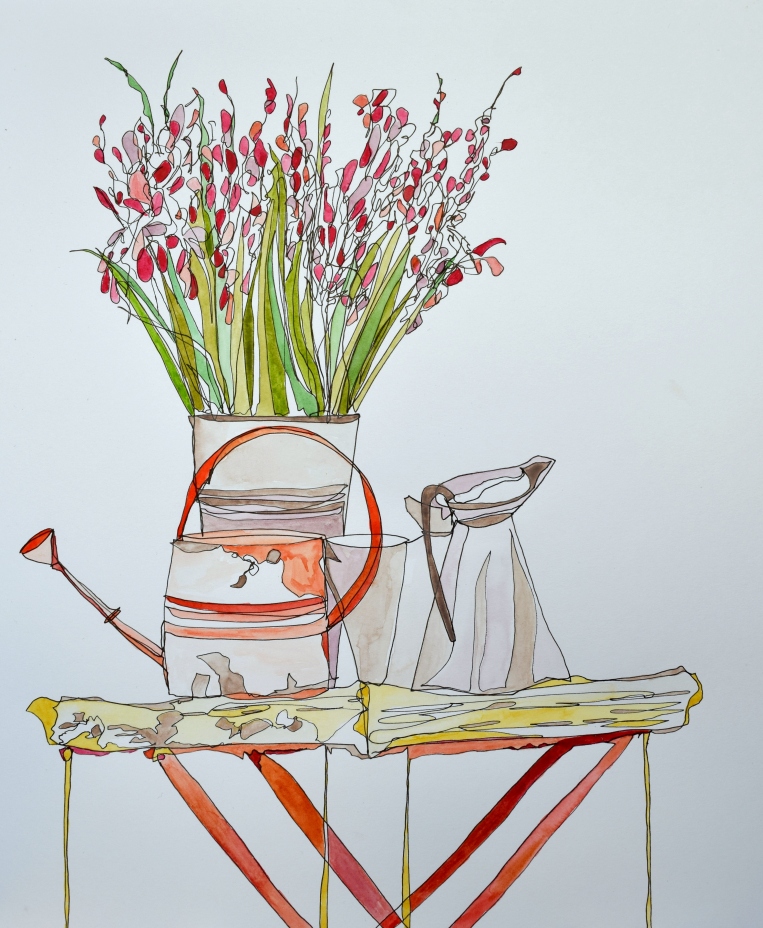 Enamel Jug, Watering Can, Antique Tray Table with Wild Flowers